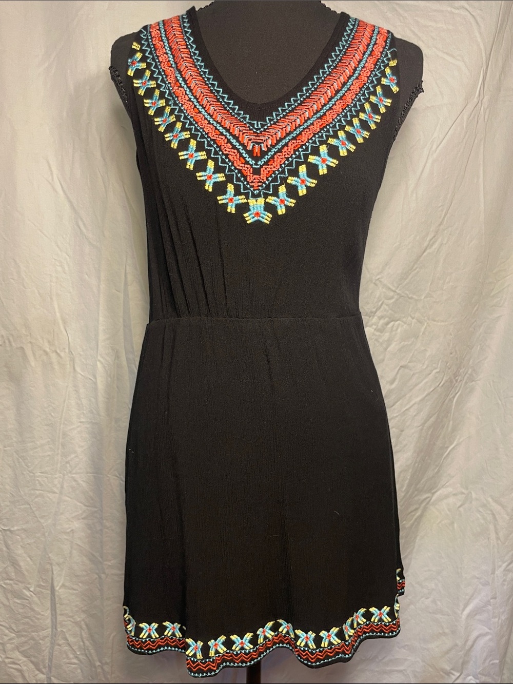 Skies Are Blue Black Sleeveless Dress with Coral, Turquoise & Yellow Embroidery